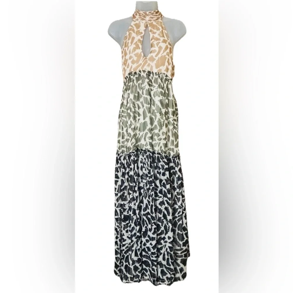 Anthropologie Maeve Keyhole Halter Animal Print Maxi Dress Tiered Size XS NWT